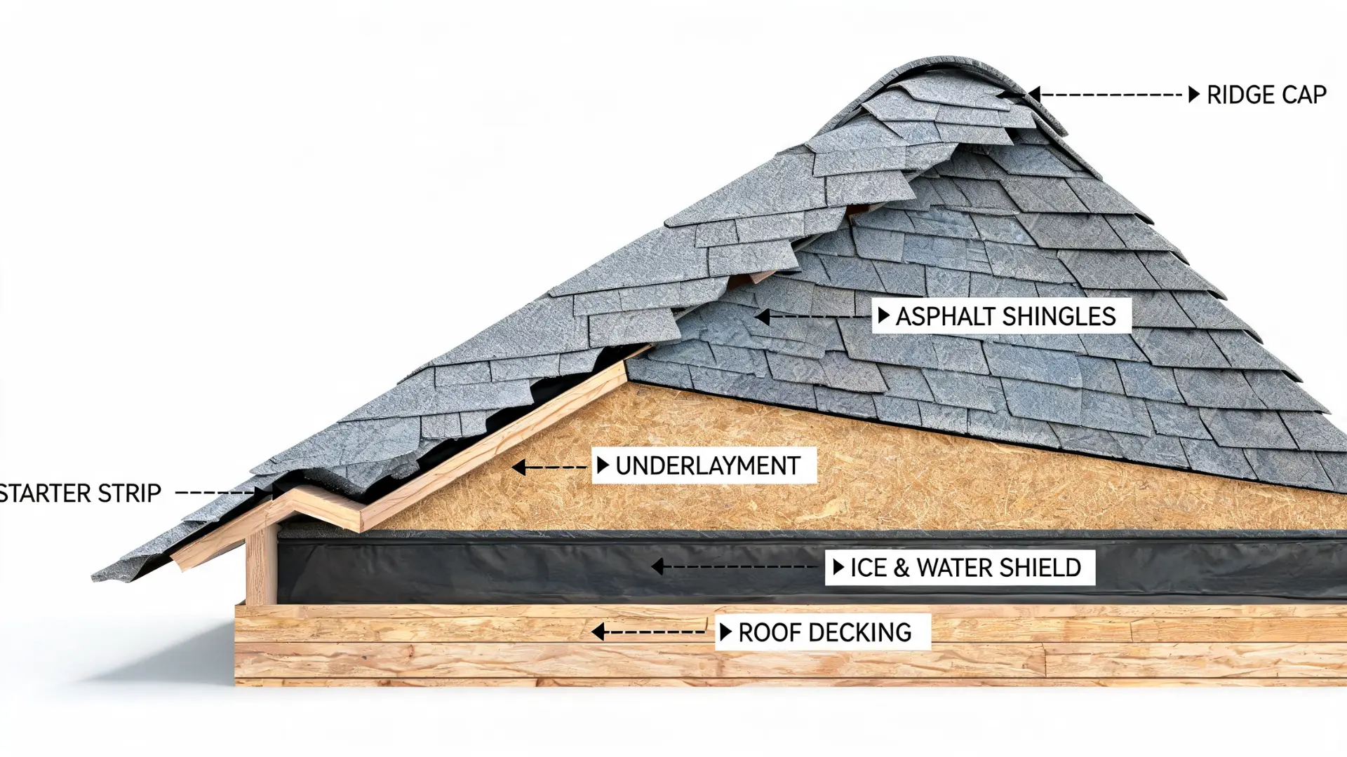 roof layers cross section showing shingles underlayment ice and water shield decking starter strip and ridge cap