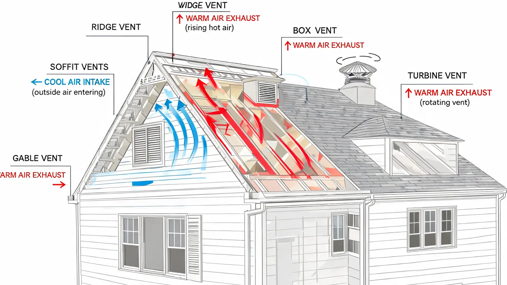 roof ventilation diagram showing ridge vent soffit vents gable vents box vents and turbine vent airflow system