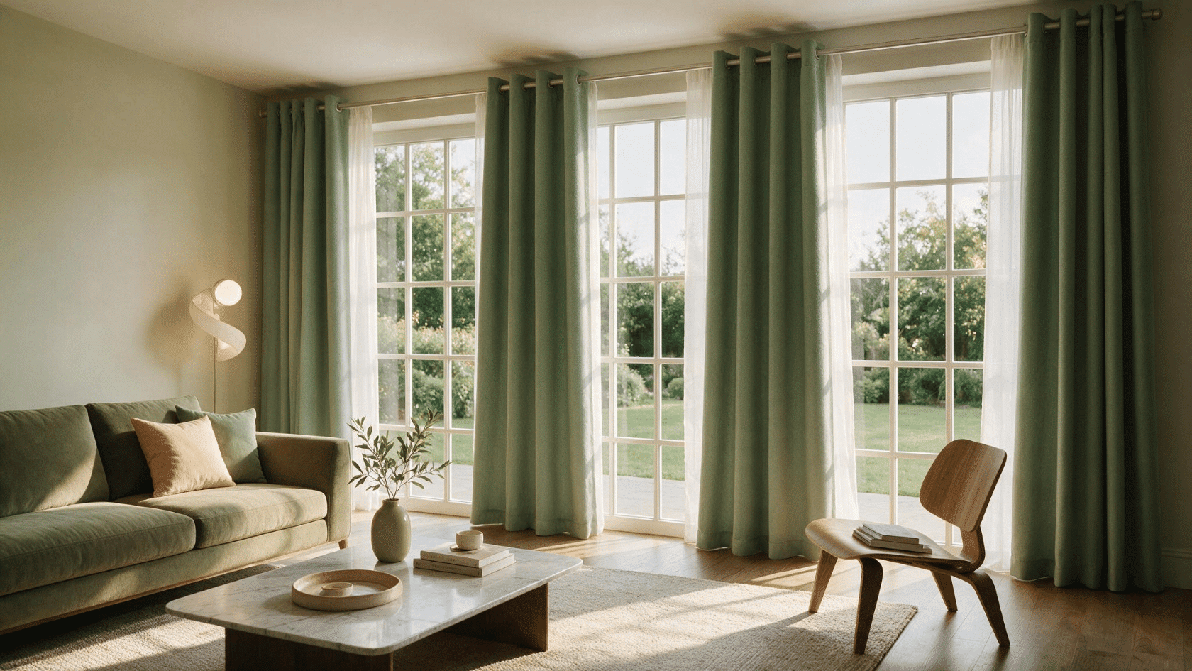Green grommet curtains with sheer panels covering large living room windows.