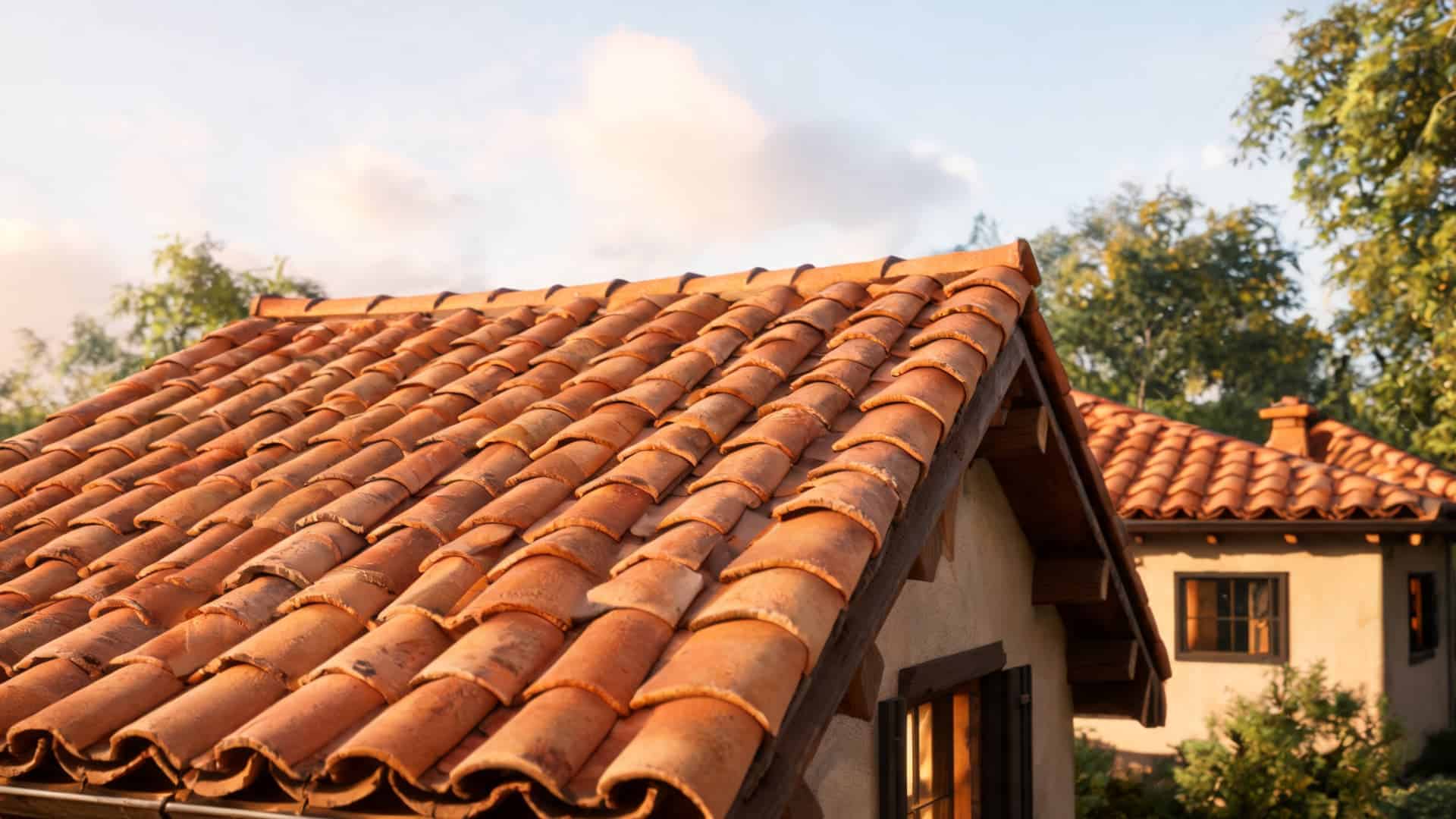 rustic countryside house with terracotta clay tiled roof glowing in warm sunset light surrounded trees
