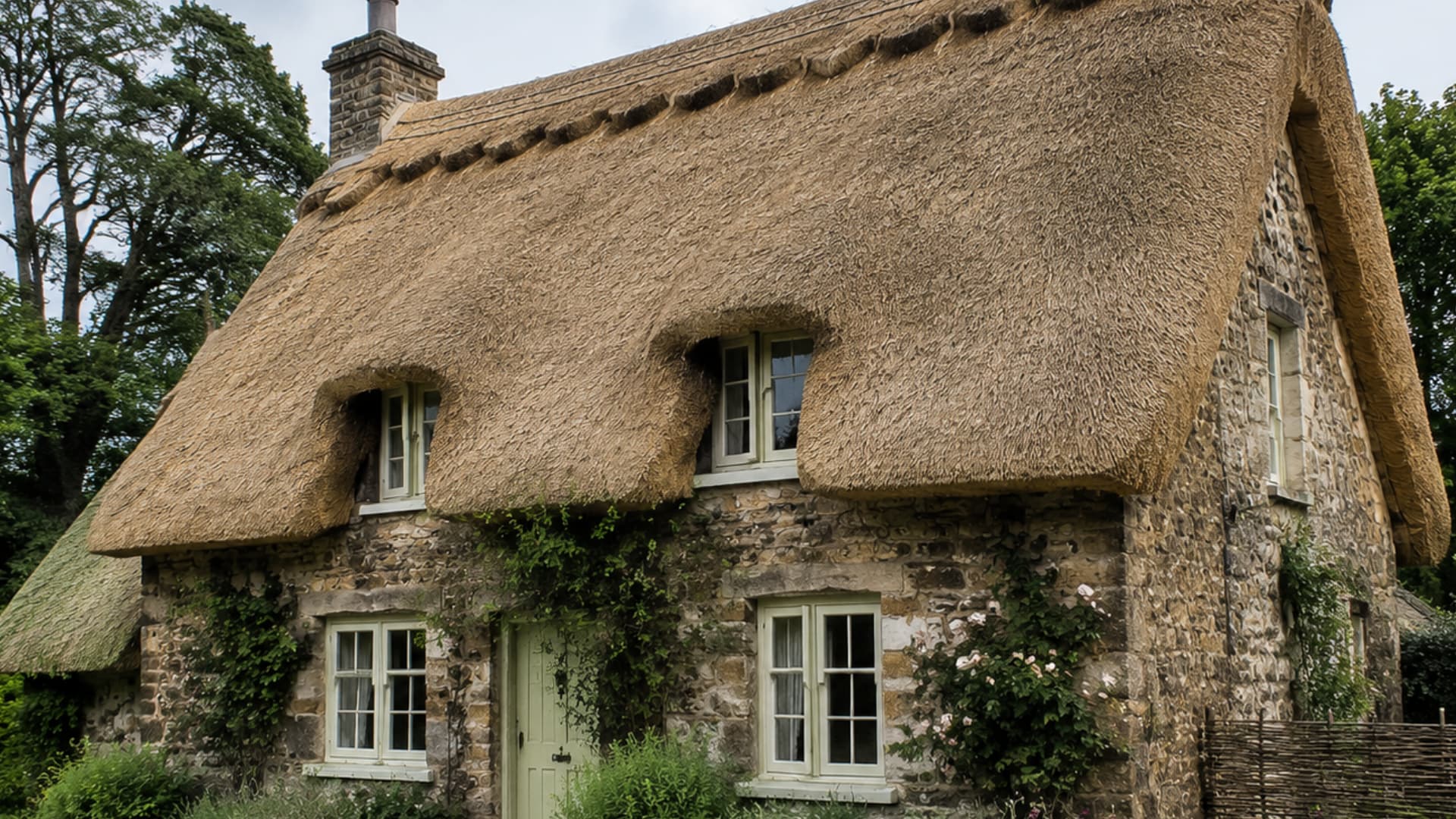 rustic countryside stone house with thick natural thatched roof surrounded by greenery and trees in a calm rural setting