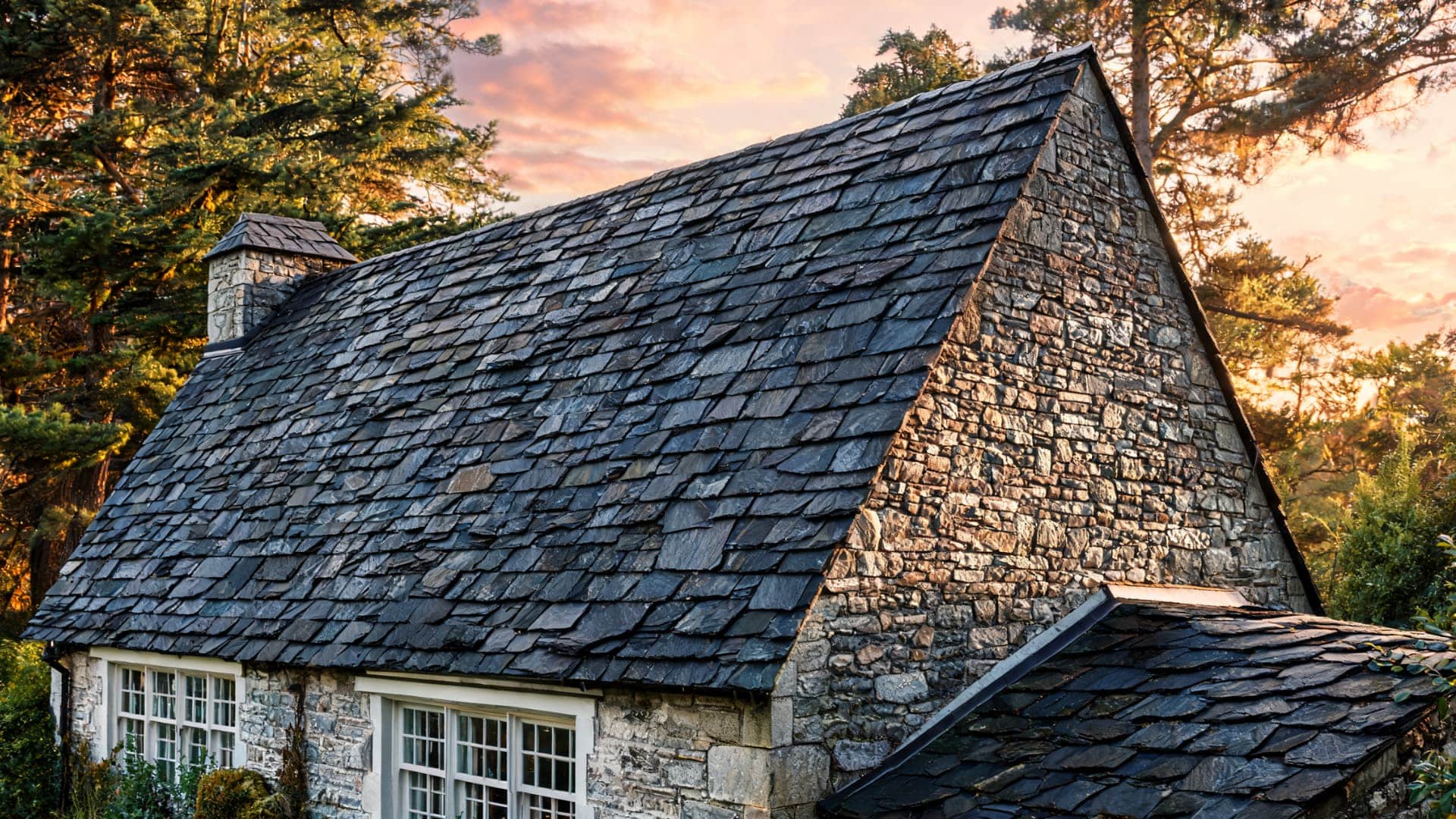rustic stone cottage with dark slate roof glowing at sunset surrounded forest trees warm light (1)