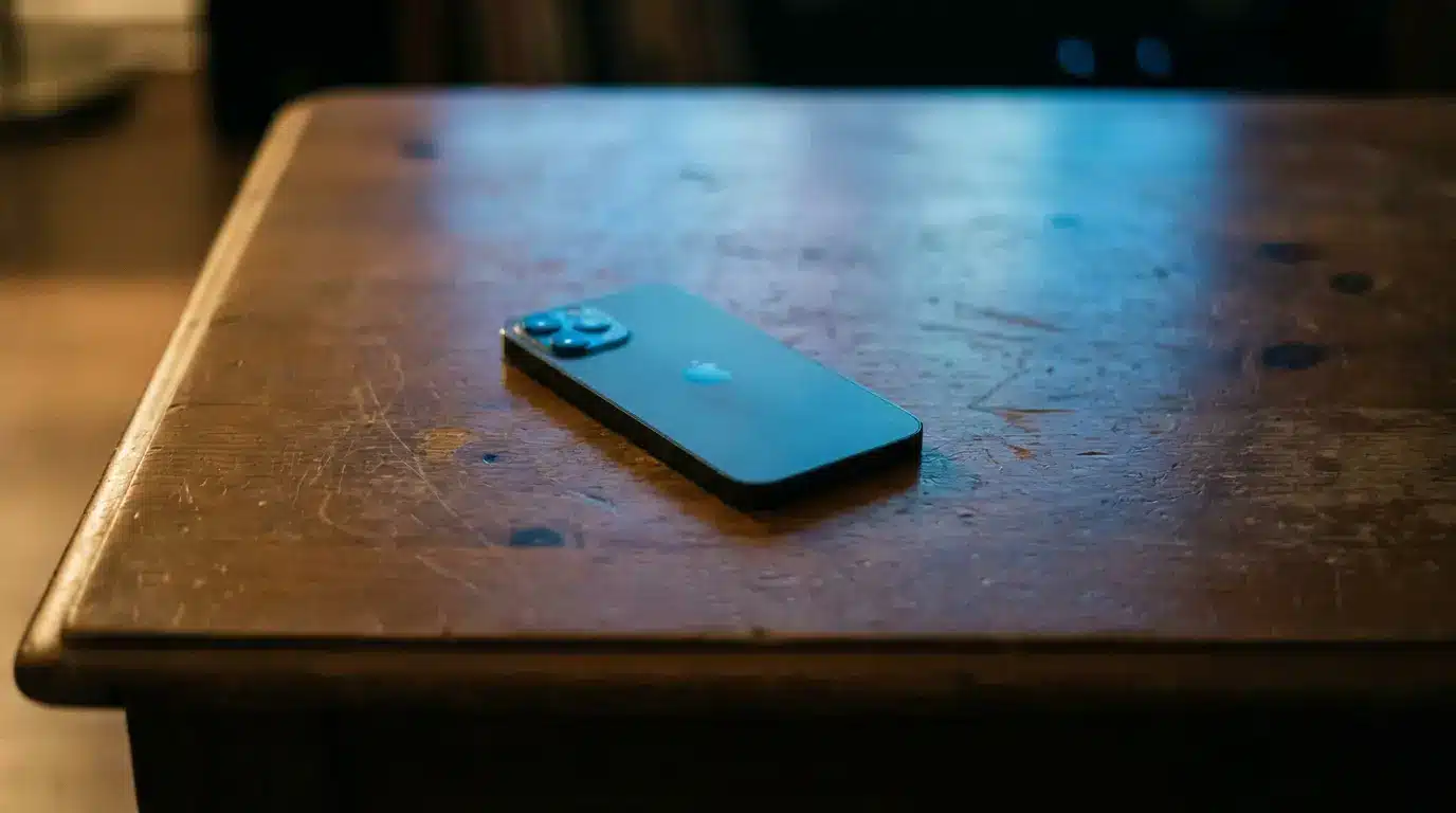 Smartphone resting on a wooden table in dim lighting
