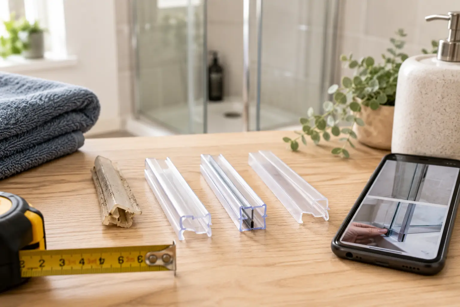 Shower seal strips and tools on wooden bathroom countertop with towel and houseplant nearby