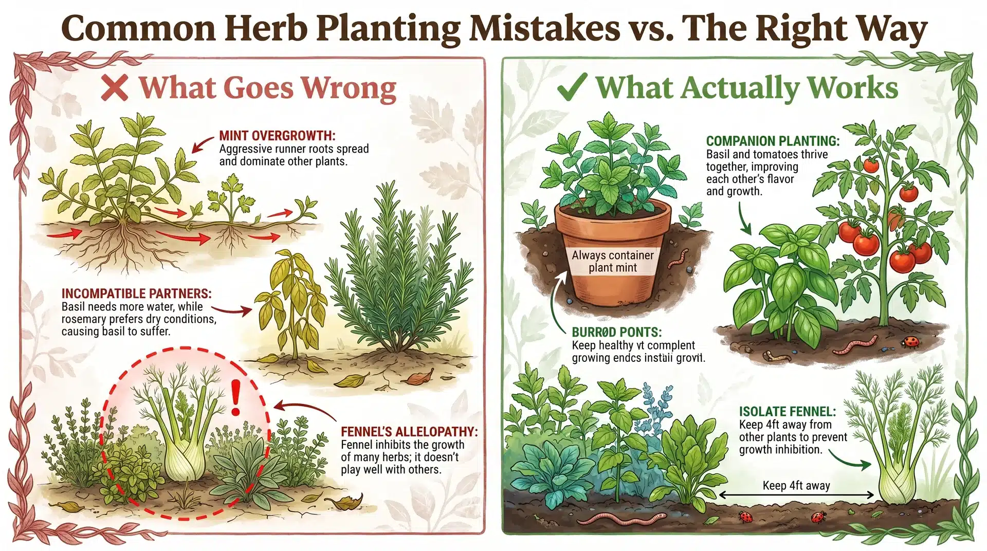 Side-by-side comparison infographic showing herb planting mistakes like mint spreading and fennel placement versus correct companion planting methods for beginners