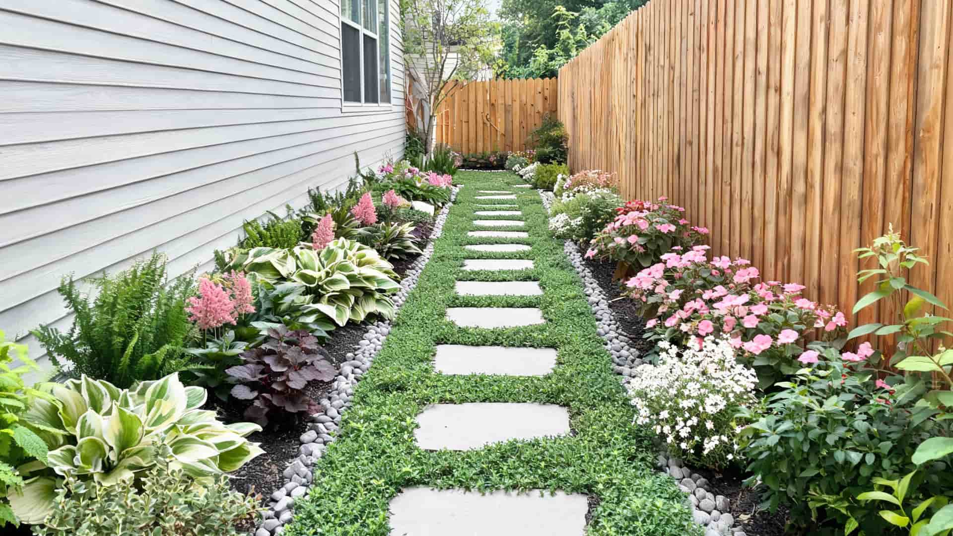 side yard flower garden with stepping stone path, hostas, ferns, pink blooms, white flowers, and wood fence