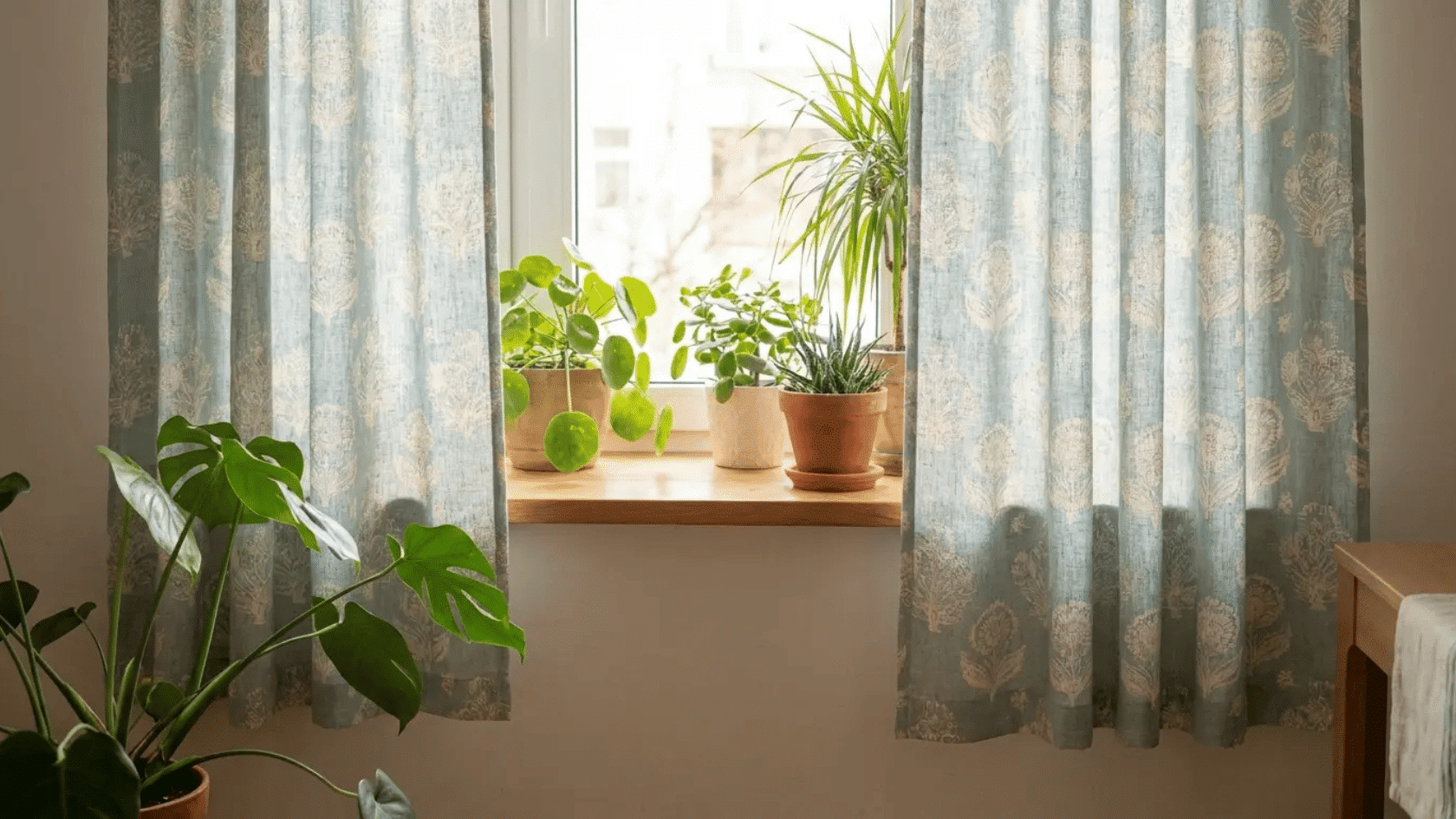 Sill-length patterned curtains hanging beside a window with plants in a bright room.