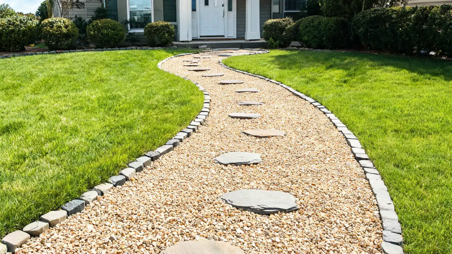 simple front yard walkway with stepping stones and gravel path low maintenance landscaping design