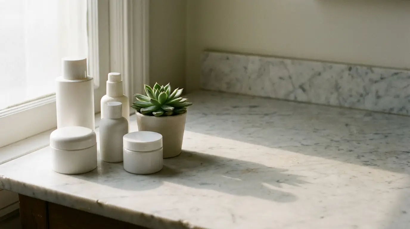 White cosmetic containers and potted succulent on marble countertop in natural light
