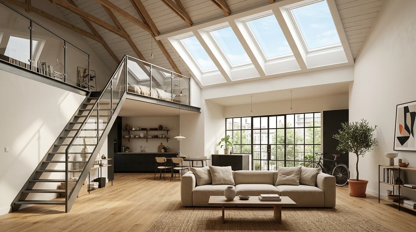 skylight windows in a bright loft space, filling the room with natural light and enhancing the airy feel