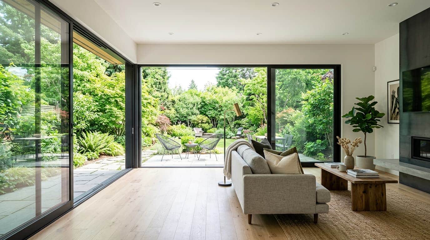 sliding window in a contemporary living room, open to a backyard view with minimalistic decor