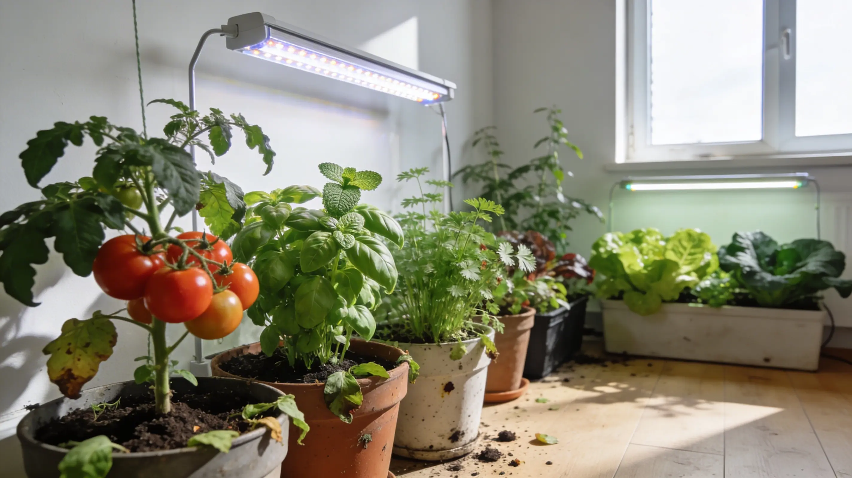 small apartment indoor garden with plants placed by light levels and LED grow lights used for low light areas indoors