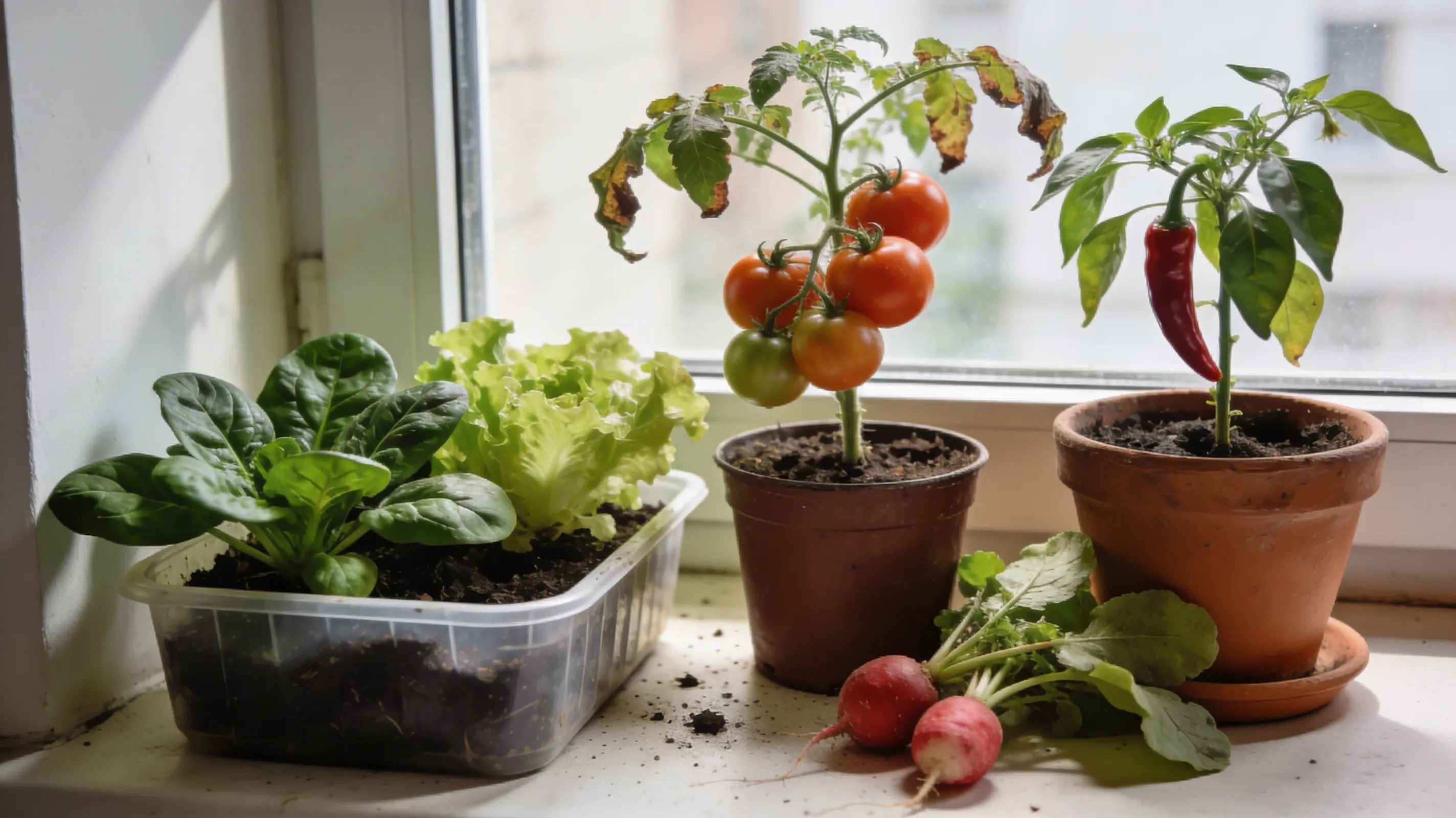 small apartment window with spinach, lettuce, tomatoes, peppers, and radishes in casual home growing setup