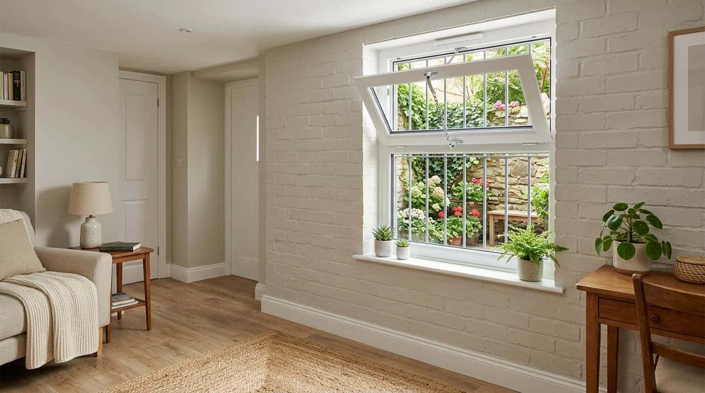 small, compact hopper window in a basement room with ventilation and a garden outside