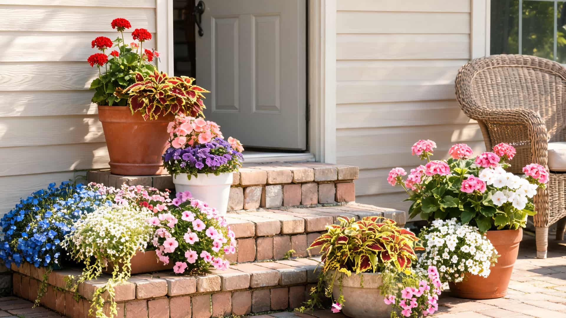 Potted flowers on brick steps beside a house entrance and wicker chair