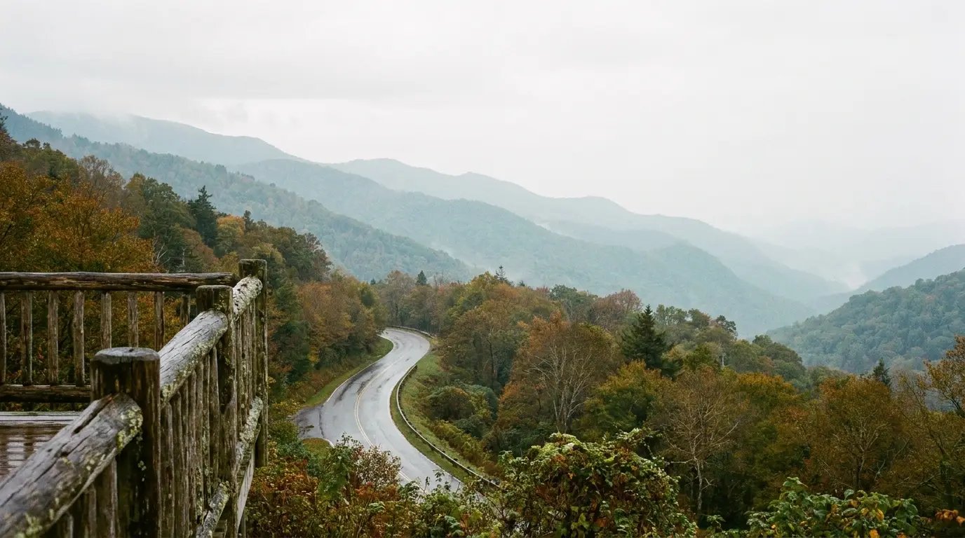 Mountain road winding through autumn forest with wooden railing in foreground and misty hills in background