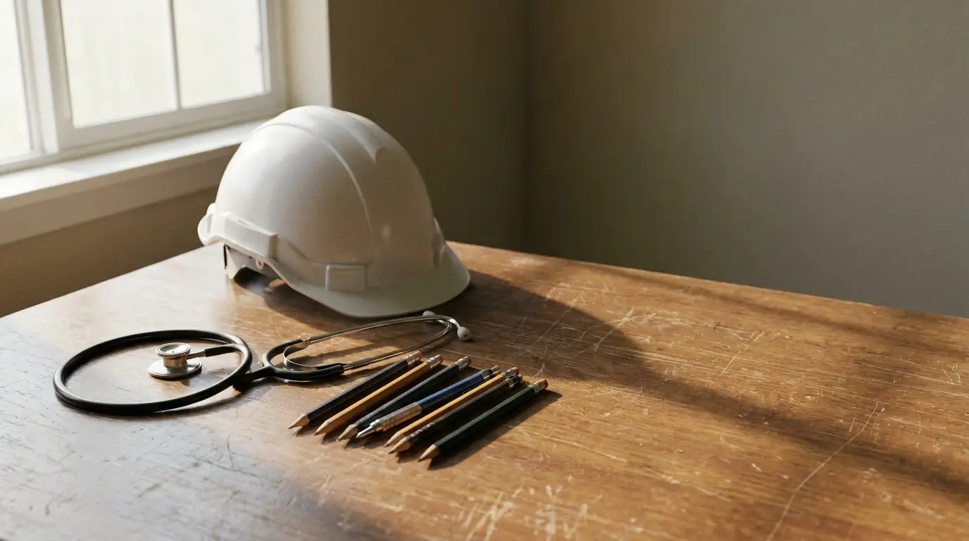 White hard hat, stethoscope, and pencils on wooden desk under natural light