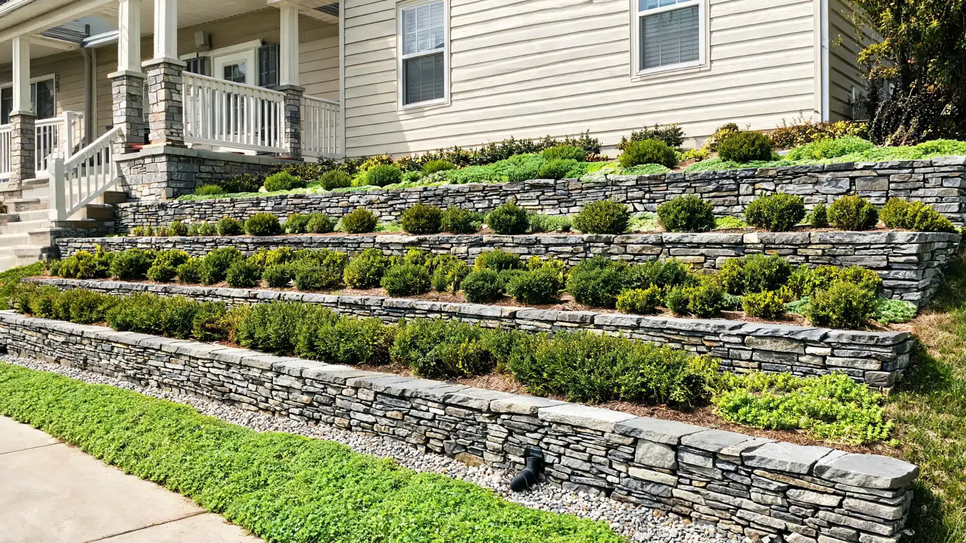 stone retaining wall in sloped front yard with shrubs and erosion control landscaping design