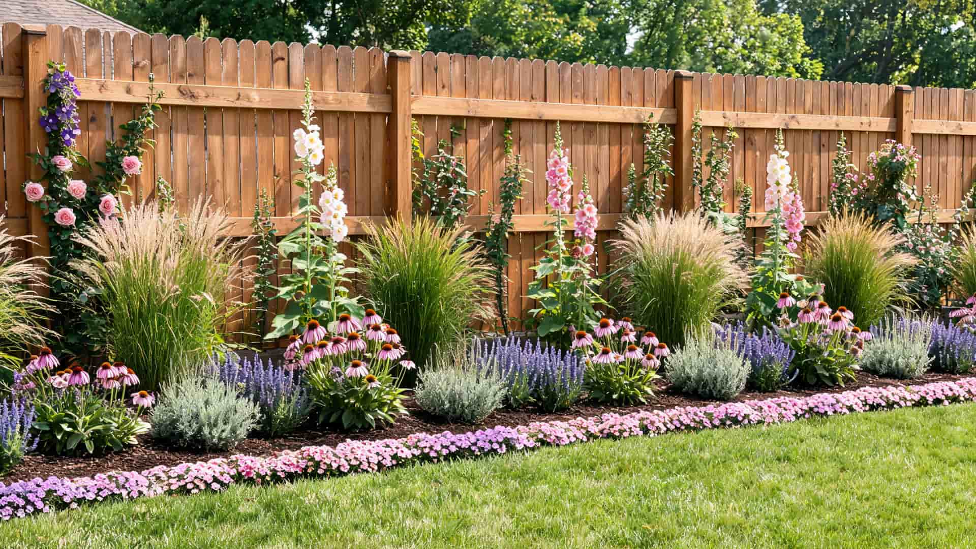 Flower border garden with coneflowers, grasses, and blooms along a wooden fence