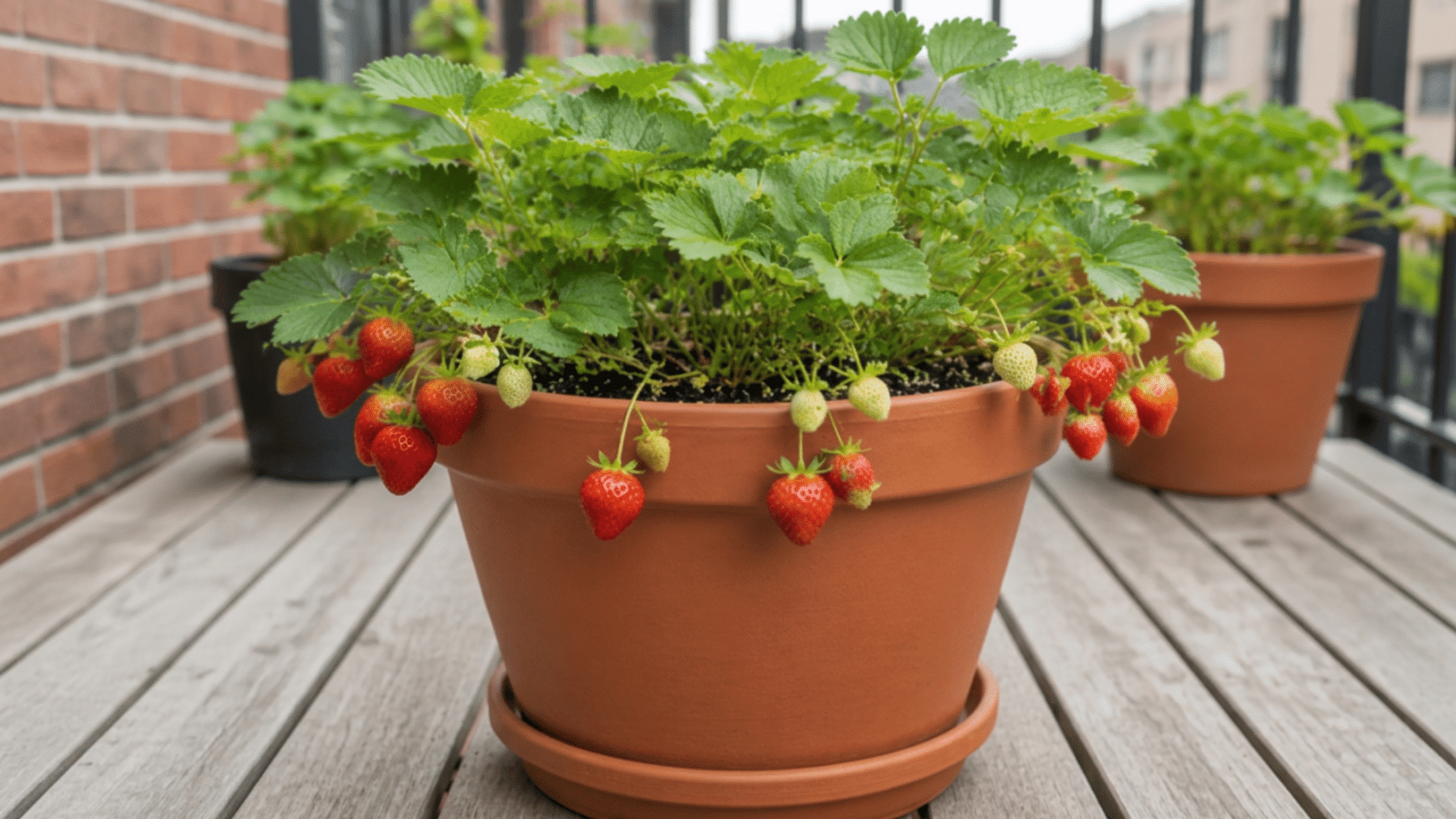 Strawberry plants growing in a full terracotta pot with ripe berries and flowers.