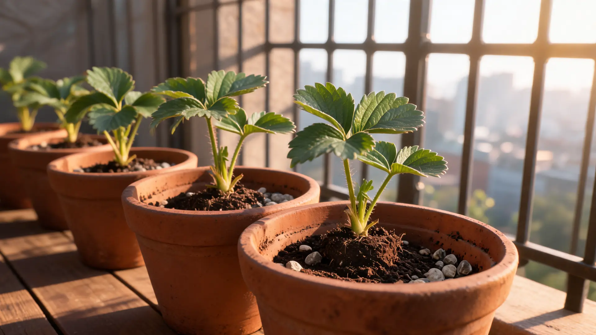 strawberry pots placed on sunny balcony with green plants receiving morning sunlight
