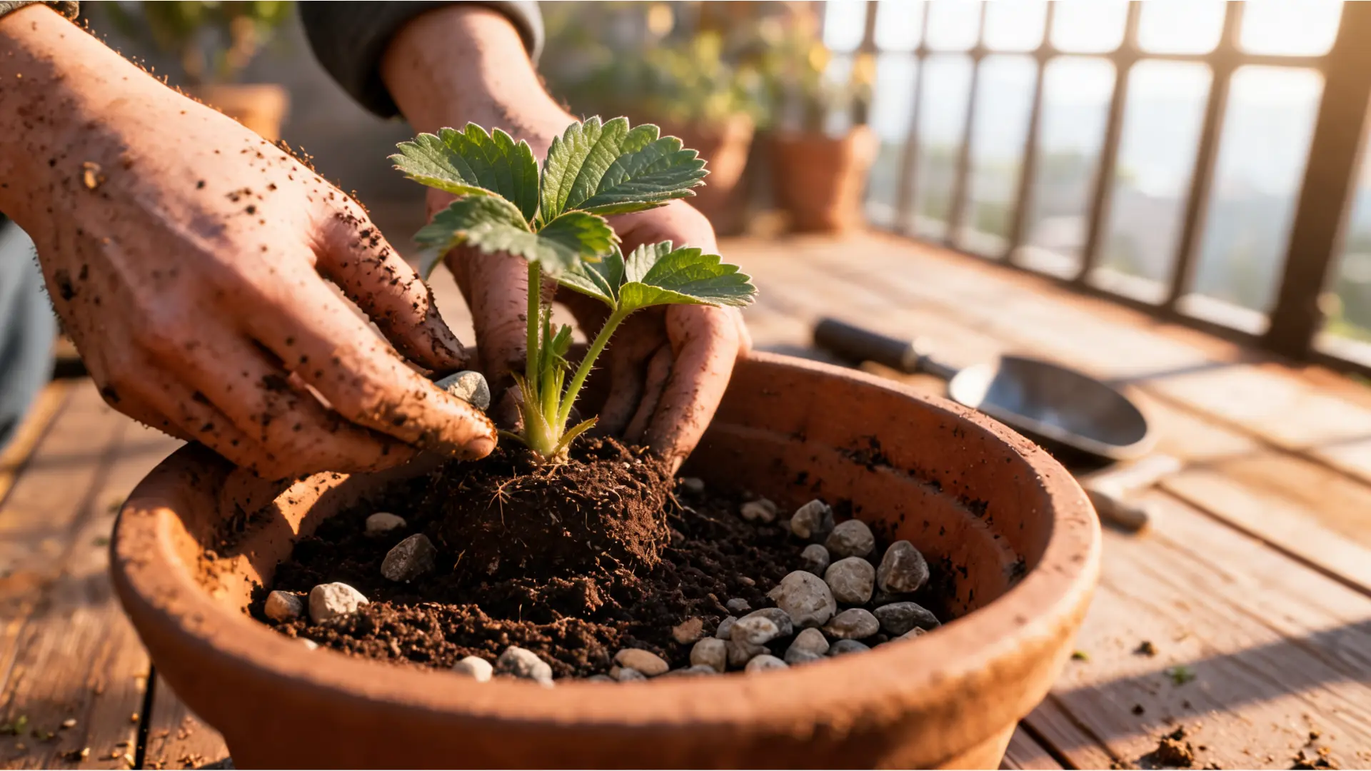 strawberry seedlings being planted in pot with crown at soil level and soil particles visible