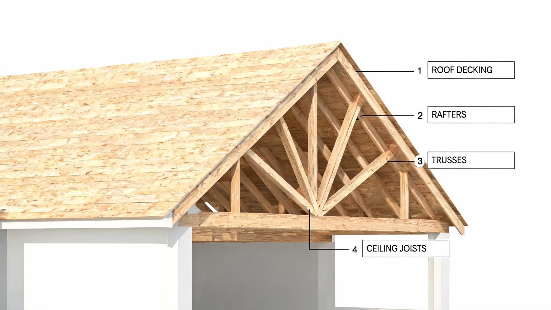 structural roof diagram showing rafters trusses ceiling joists and roof decking in residential house cutaway view