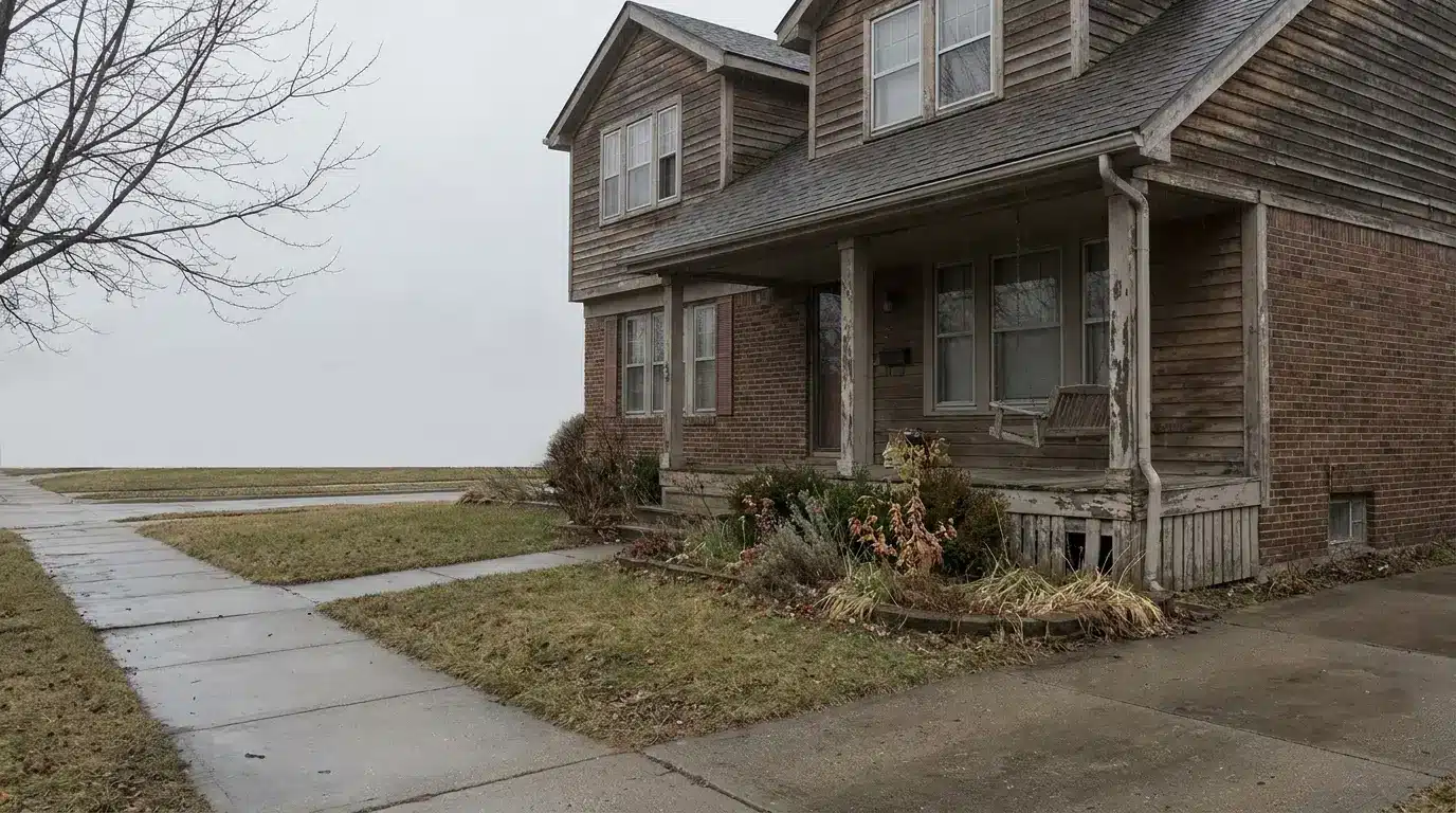 Weathered wooden house with overgrown garden on a cloudy day in suburban setting