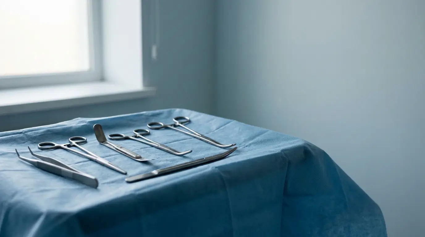 Surgical instruments neatly arranged on blue draped table in bright room