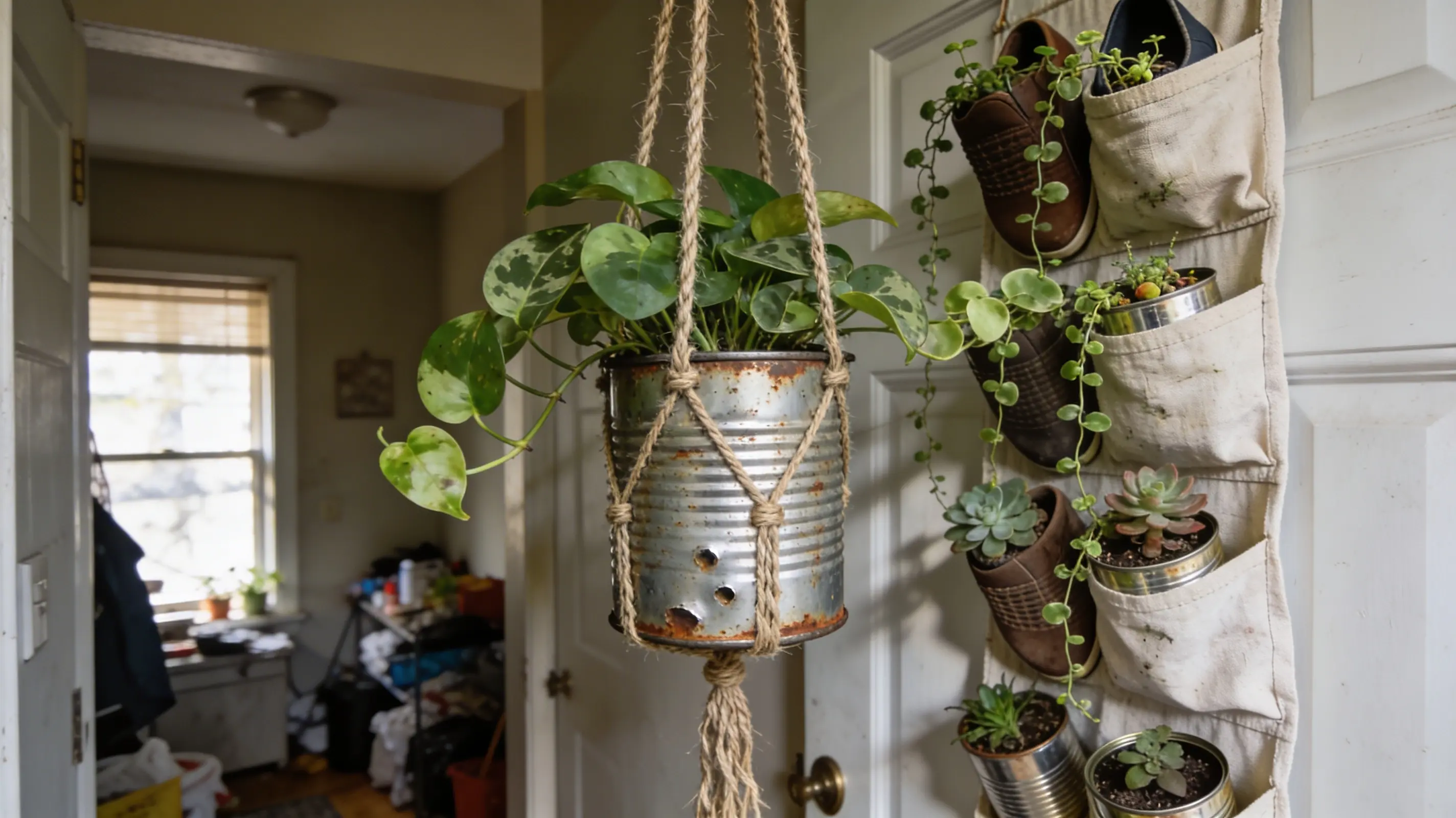 tin cans and shoe organizer used as planters in a small apartment, casual setup with natural light