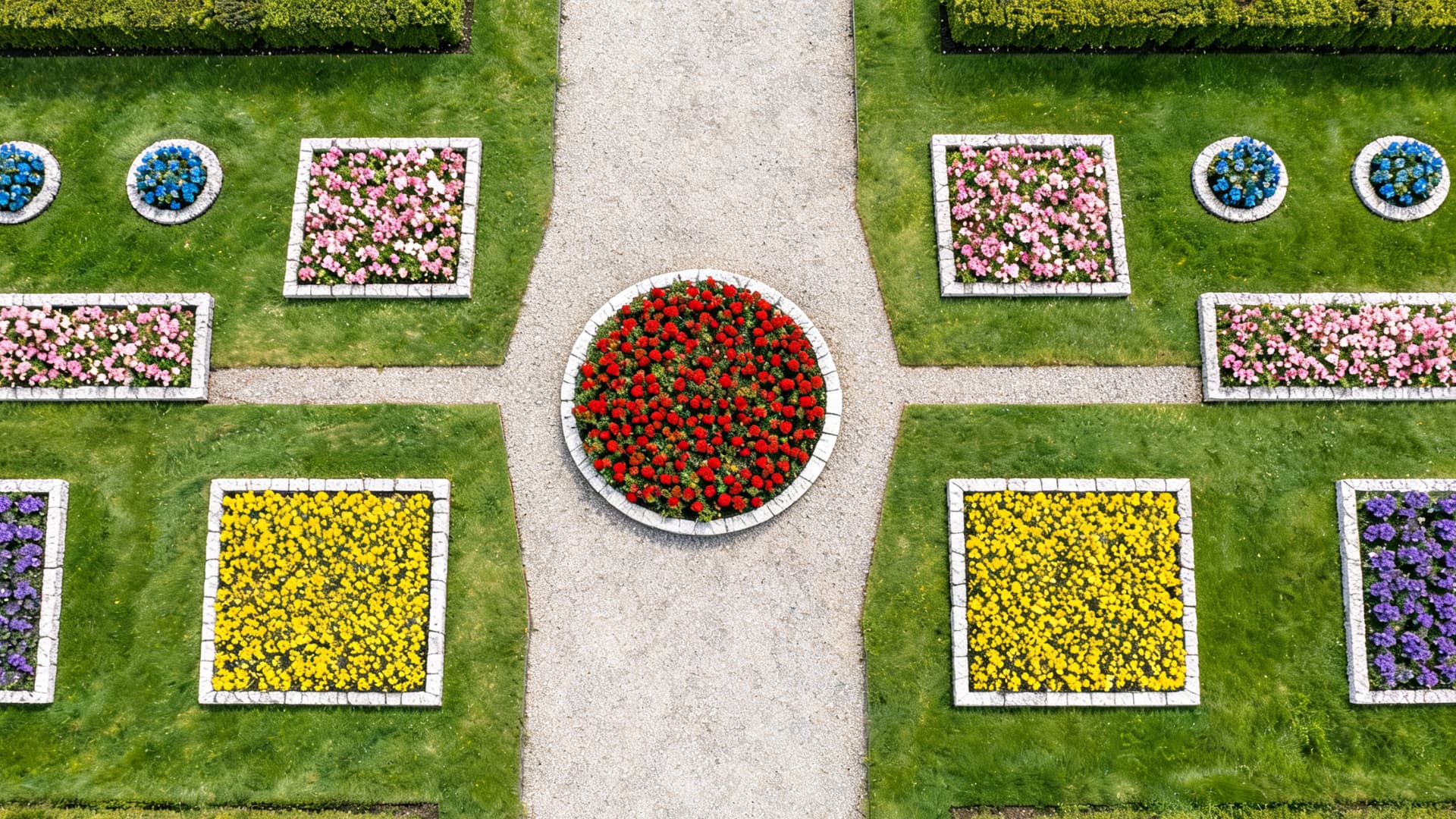 top down formal geometric flower garden with symmetrical square beds and circular red center blooms