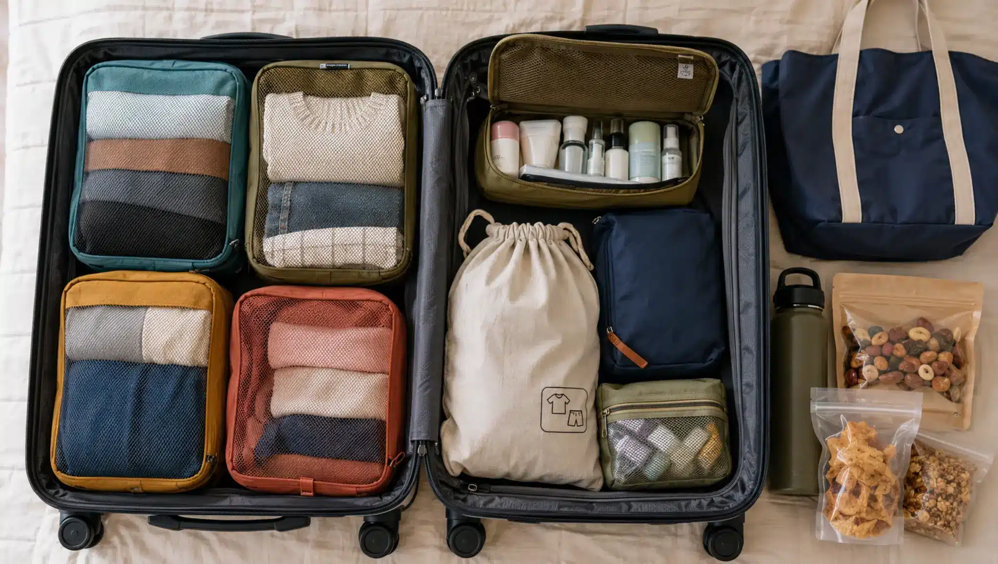 Travel necessities packed in suitcase organizers with clothes, toiletries, snacks, and accessories