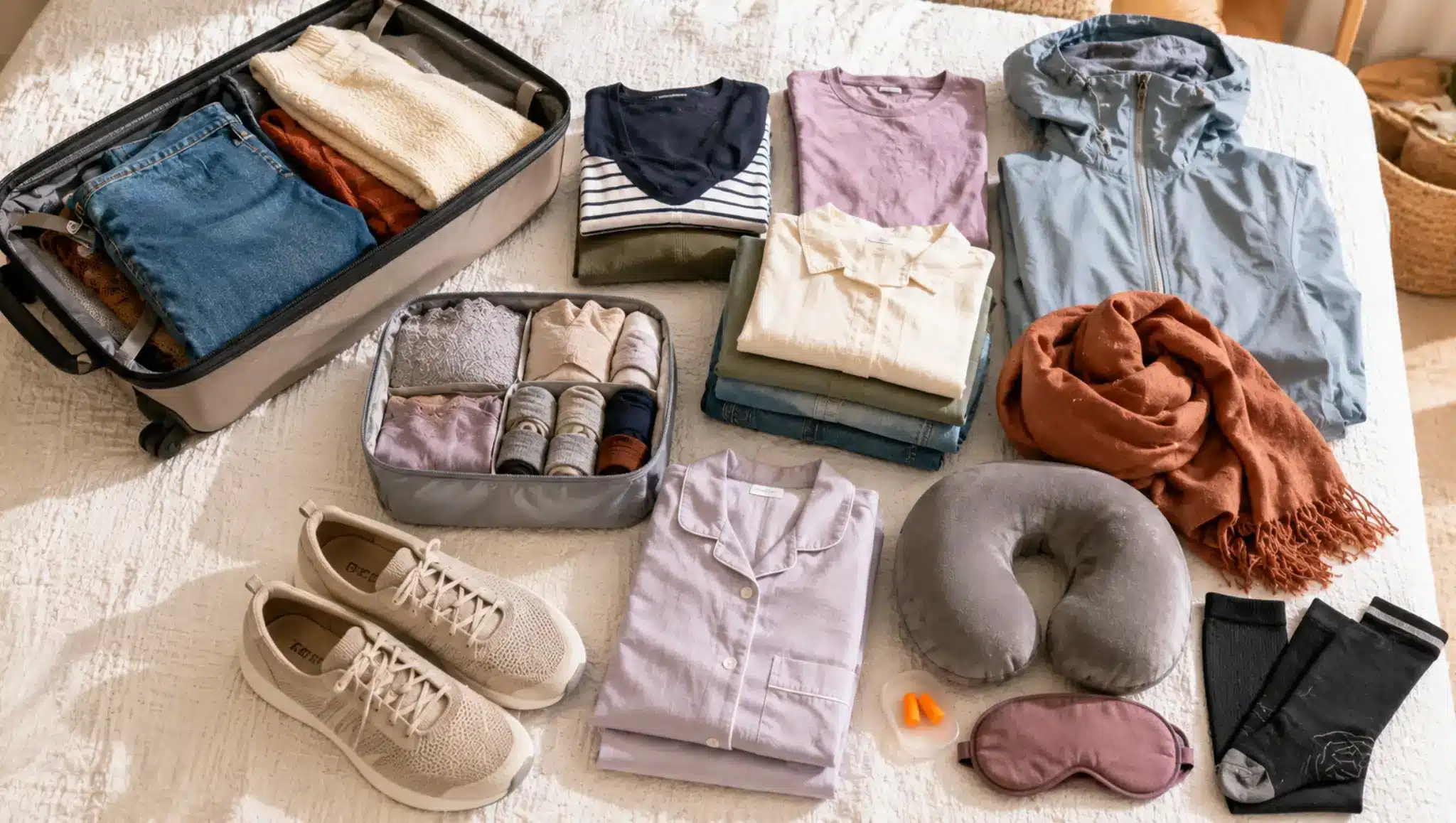 Travel necessities with packed clothes, shoes, scarf, neck pillow, and suitcase essentials.