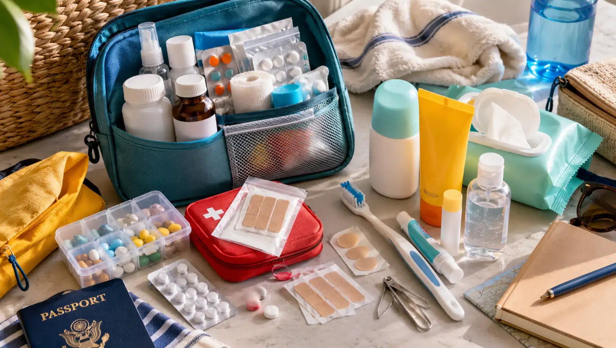 Travel necessities with first aid kit, toiletries, medicine, passport, and personal care items.