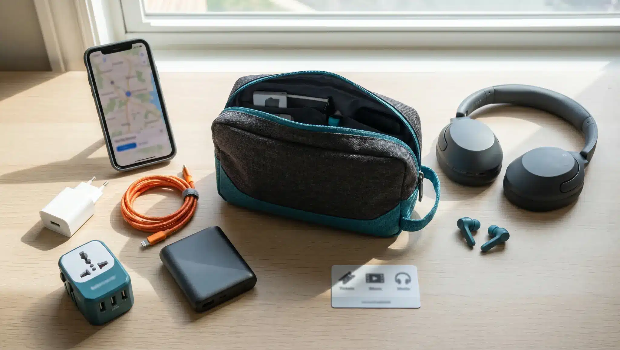 Travel tech necessities with charger, power bank, headphones, and accessories on a desk.