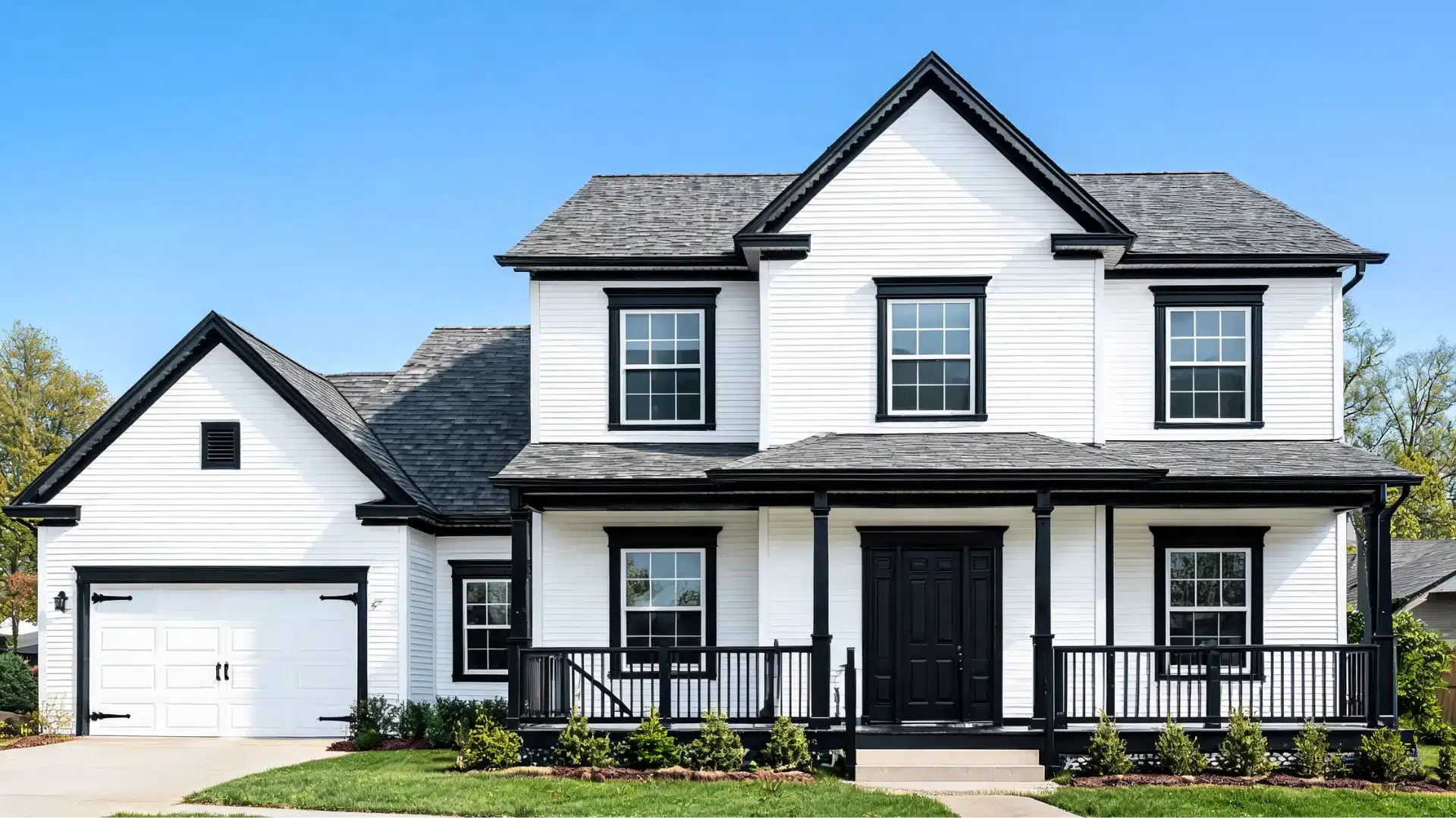 White house exterior with black trim, front porch, garage, and gabled roof