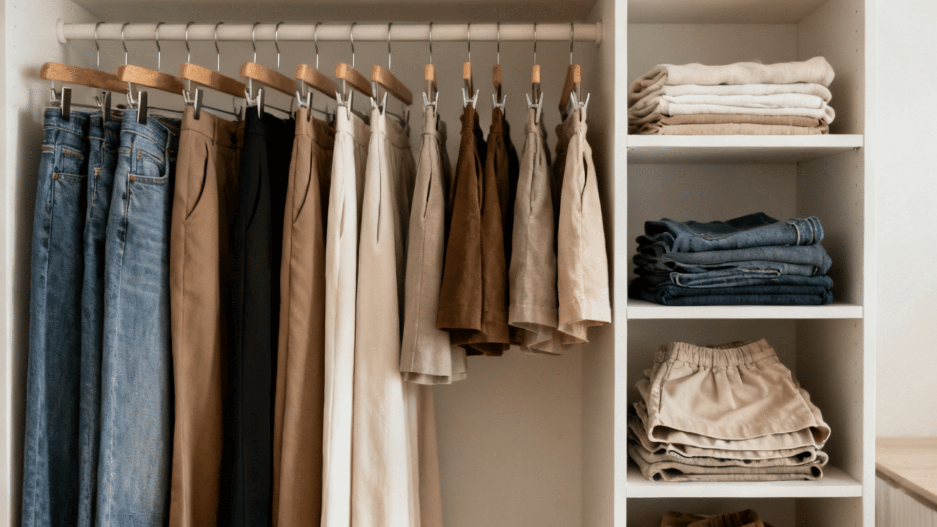 Jeans, trousers, skirts, casual pants, and shorts arranged in an organized capsule wardrobe.