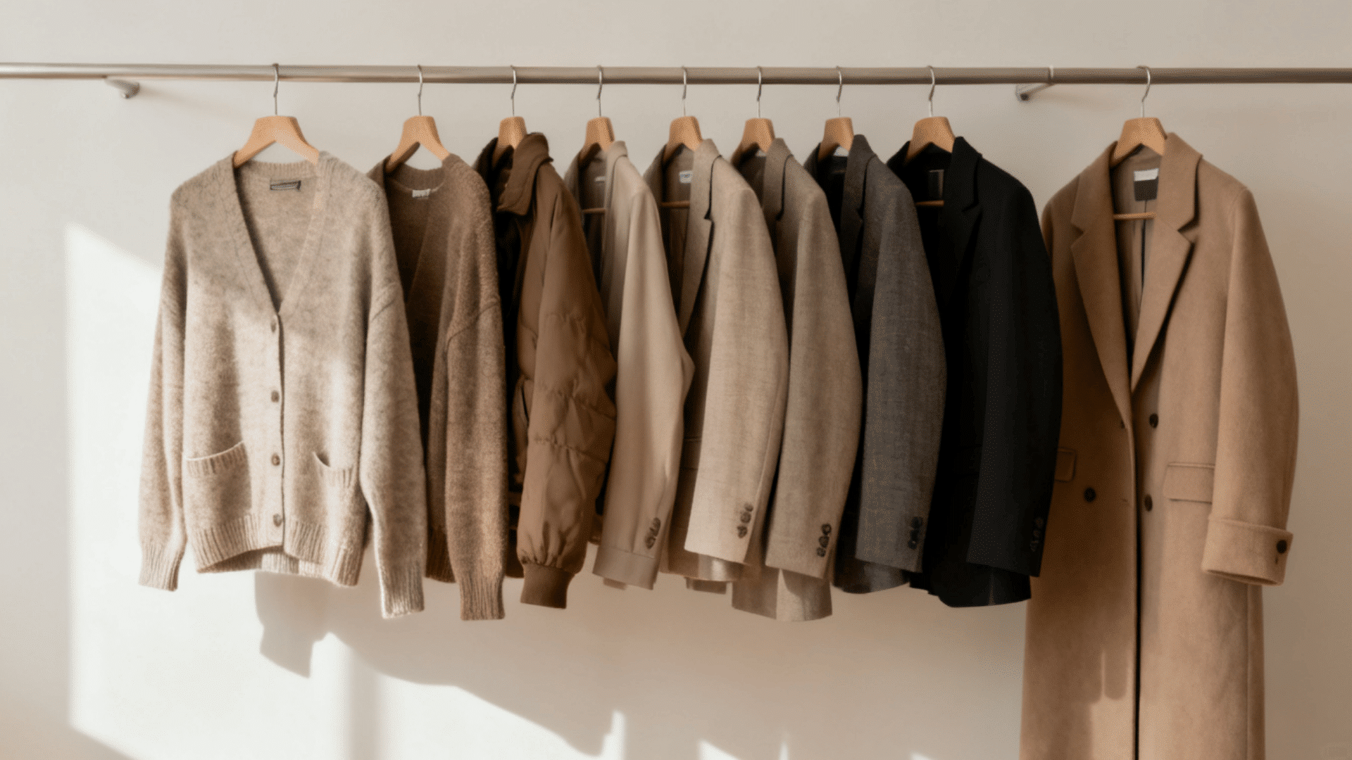 Cardigans, jackets, blazers, and coats arranged neatly on a capsule wardrobe rail.
