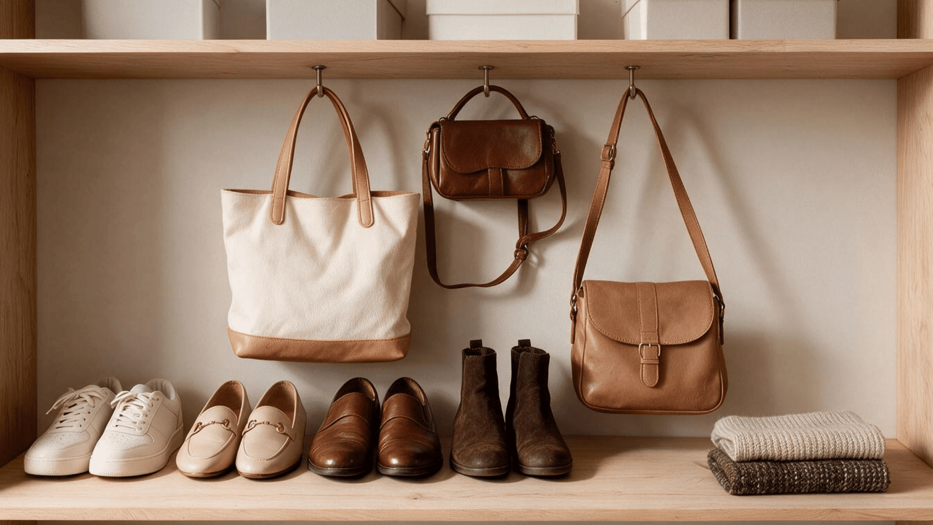 Sneakers, flats, dress shoes, boots, bags, and scarves arranged on a wardrobe shelf.
