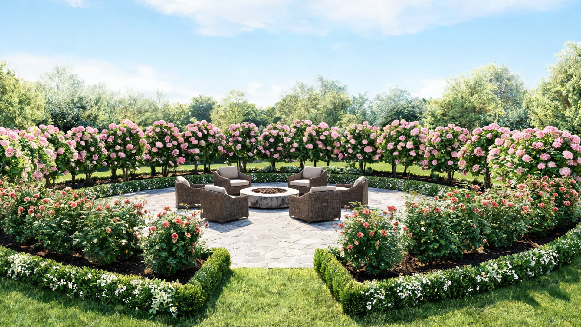 Garden with pink flowering shrubs, rose plants, stone patio, chairs, and green lawn