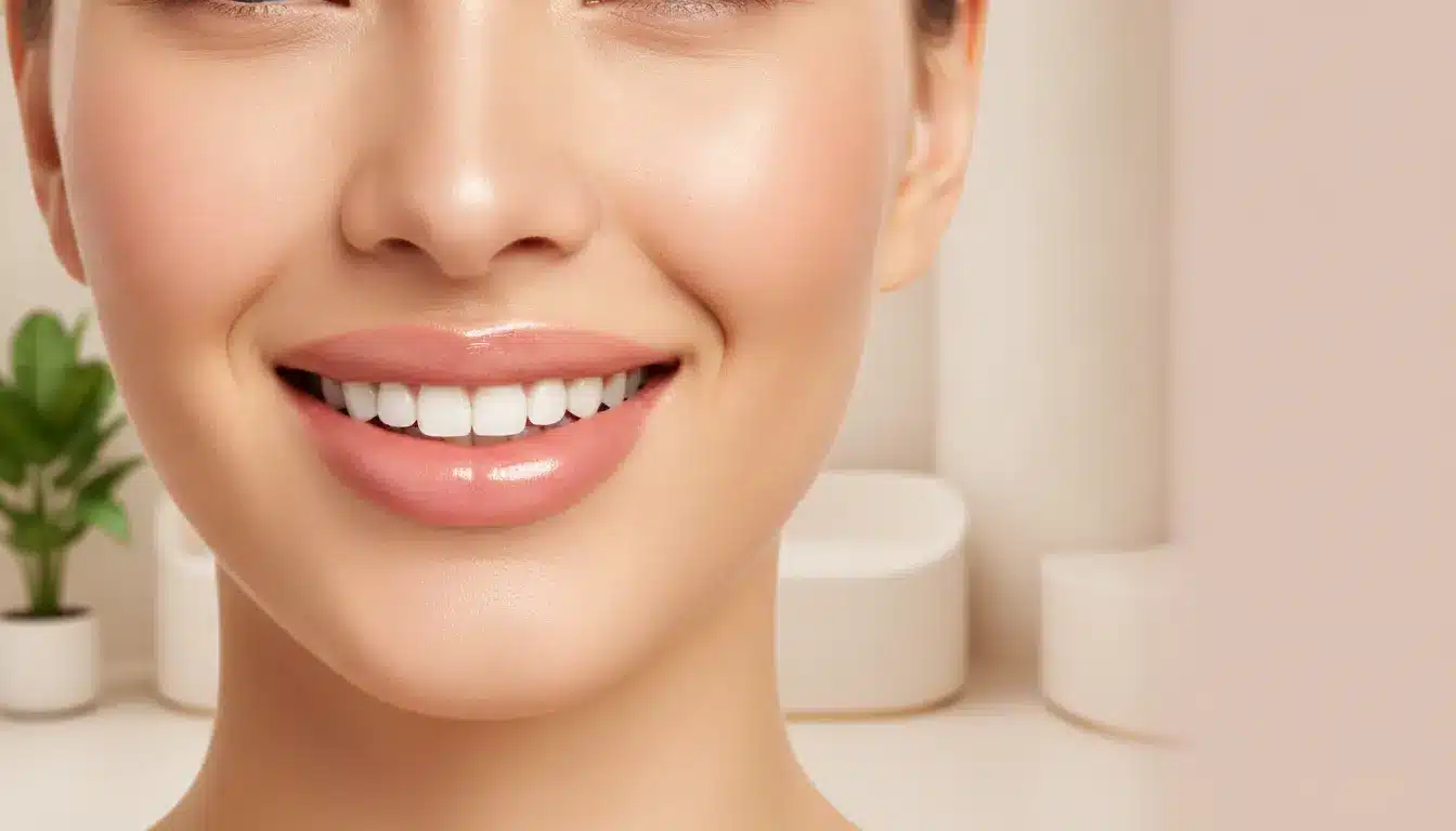 Smiling woman with clean white teeth in soft-focus cosmetic setting