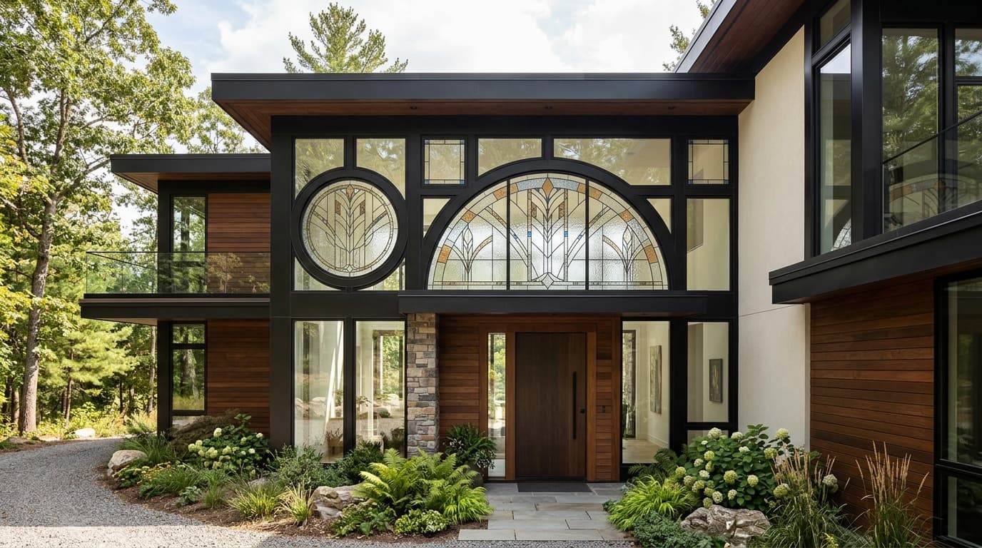unique shaped specialty windows above a home entryway, adding architectural detail and natural light