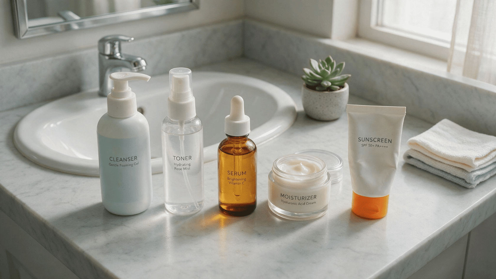 Skincare products including cleanser, toner, serum, moisturizer, and sunscreen arranged on a counter.