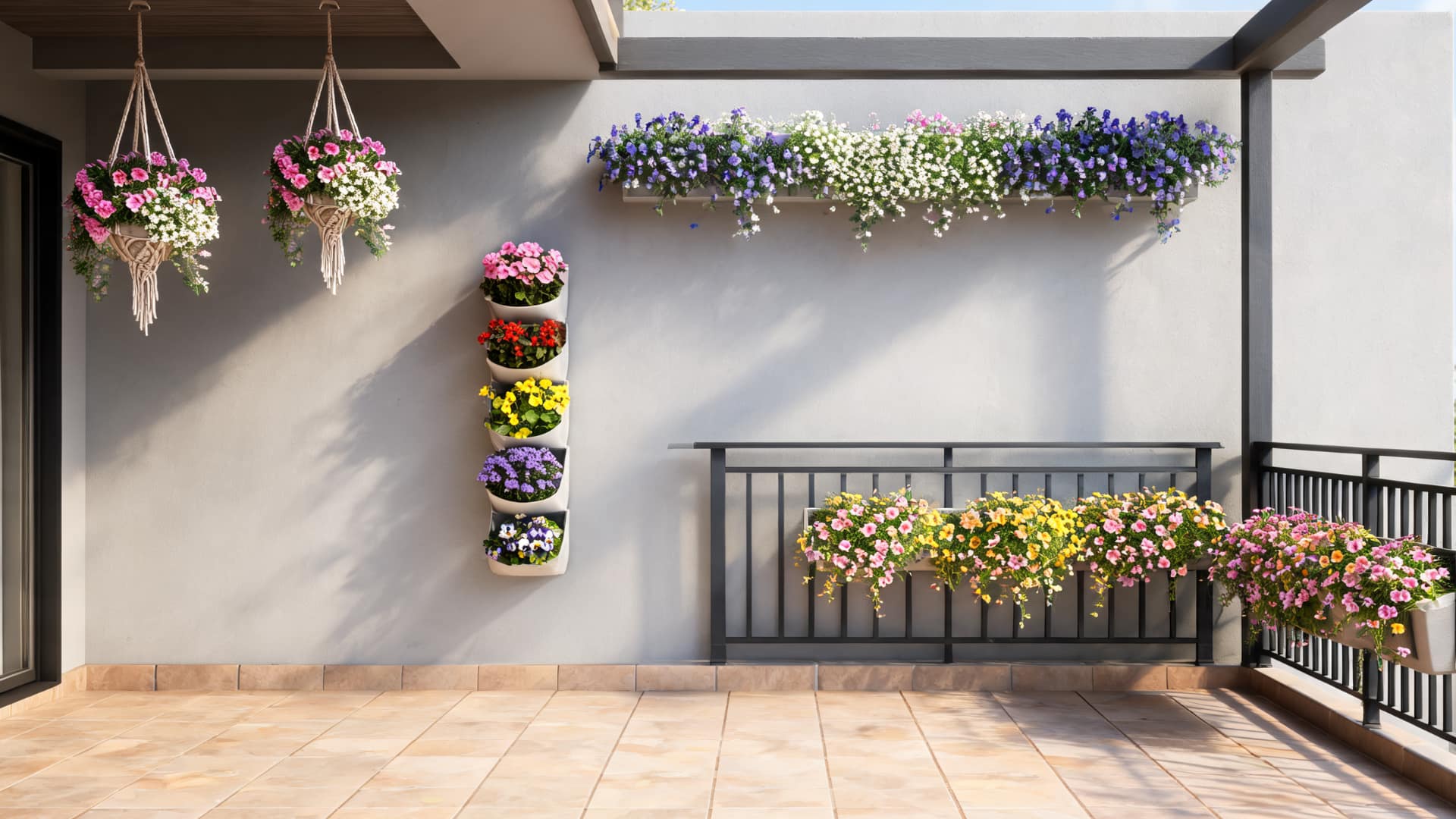 vertical balcony flower garden with hanging baskets, wall planters, railing boxes, and colorful blooms