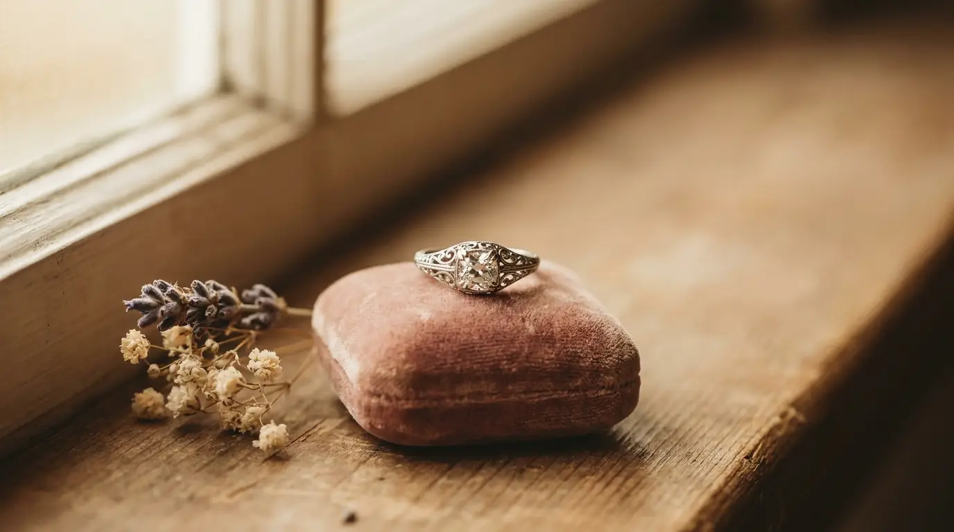 Ornate silver ring on pink velvet box with dried flowers on wooden windowsill