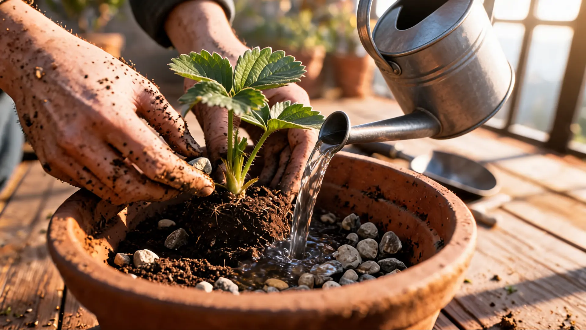 watering newly planted strawberries in pot with watering can and moist soil absorbing water