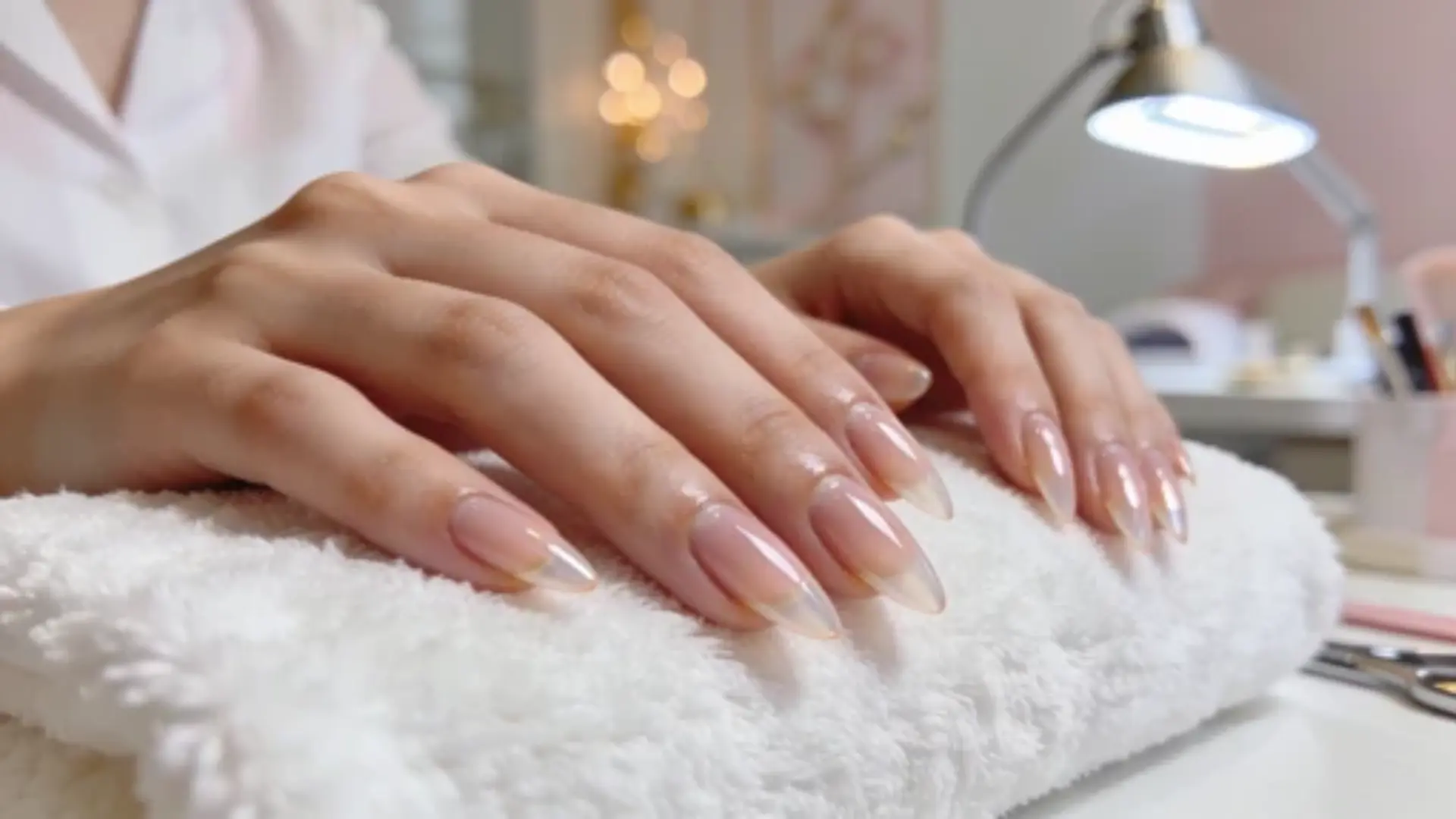 well-manicured, almond-shaped nails with a natural, glossy finish, resting on a soft towel in a salon setting
