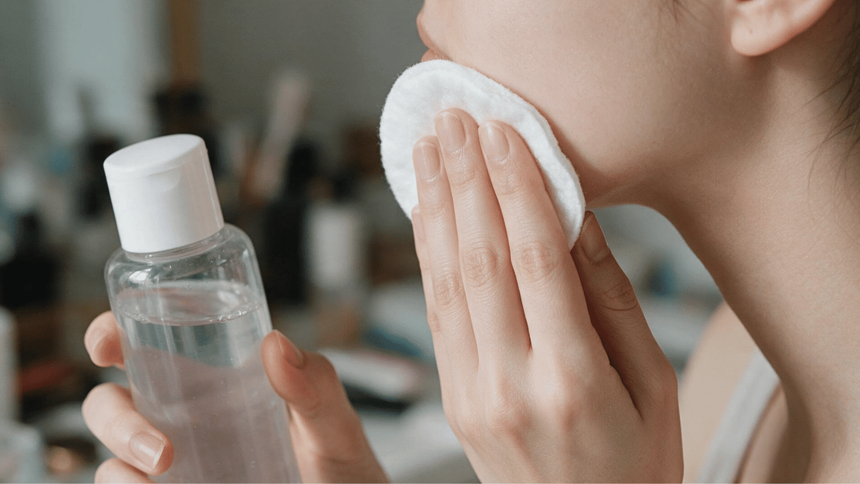 Person applying skincare toner with a cotton pad and bottle in a bathroom setting