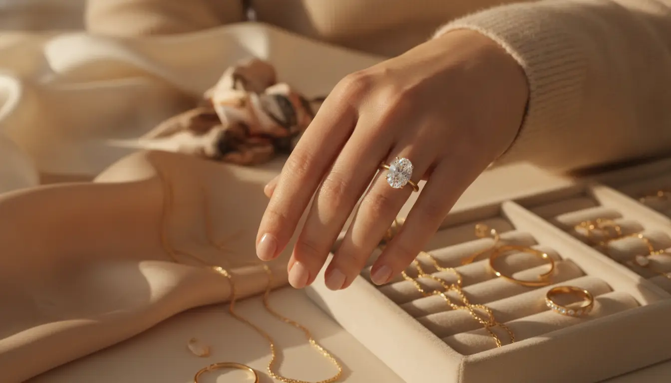 Hand with diamond ring over jewelry tray with gold necklaces and rings in warm light