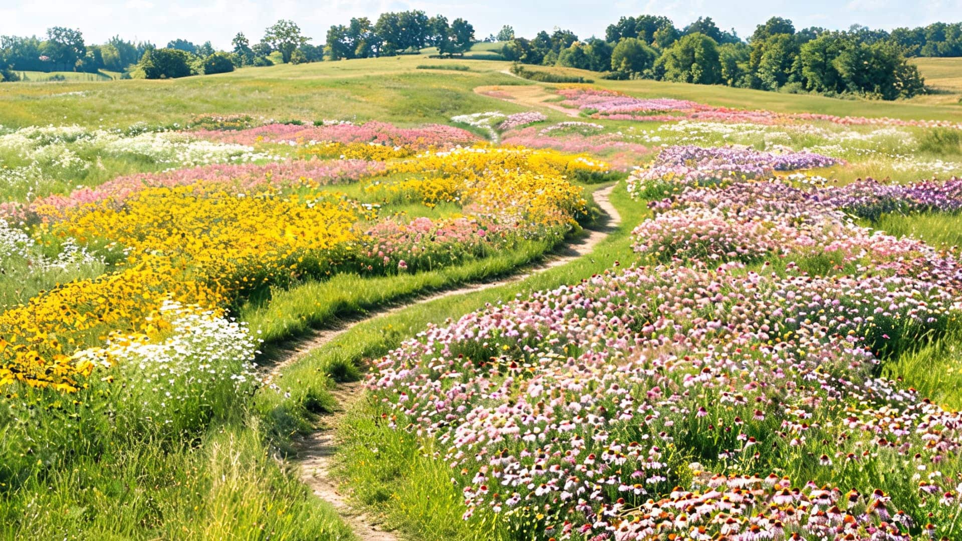 winding meadow path through wildflowers garden in yellow pink and white under blue sky